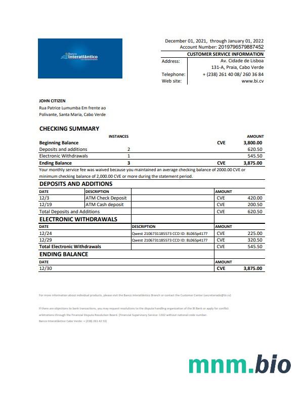 Szablon wyciągu bankowego Cabo Verde Banco Africano de Investimentos w programie Word i PDF
